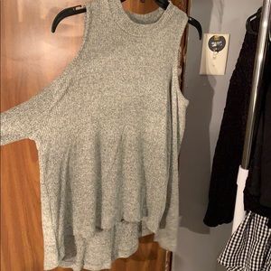 Off the shoulder, high low gray sweater